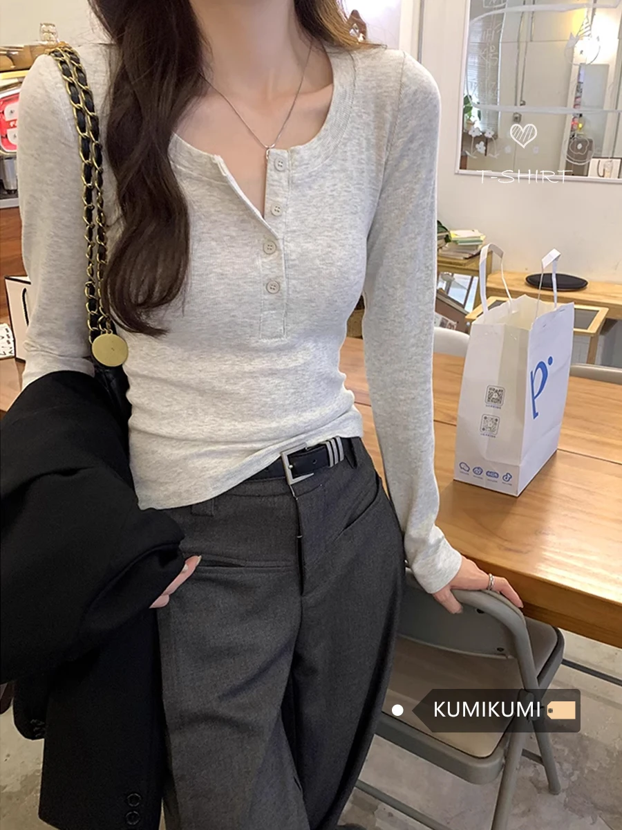 

Casual Long Sleeved Semi Open Neck T-shirt Women's Winter White Flower Gray Short Top