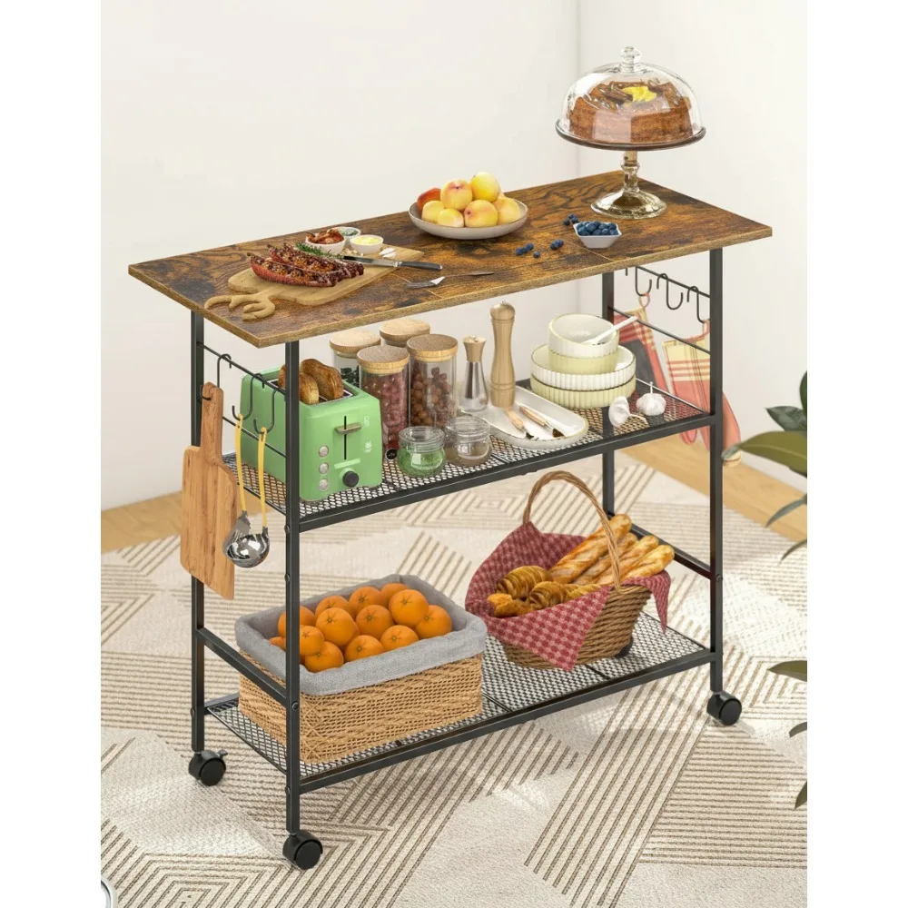 

Кухонная тележка на колесиках с 3 полками и 6 крючками, передвижная подставка для микроволновой печи, кофейни для гостиной, столовой