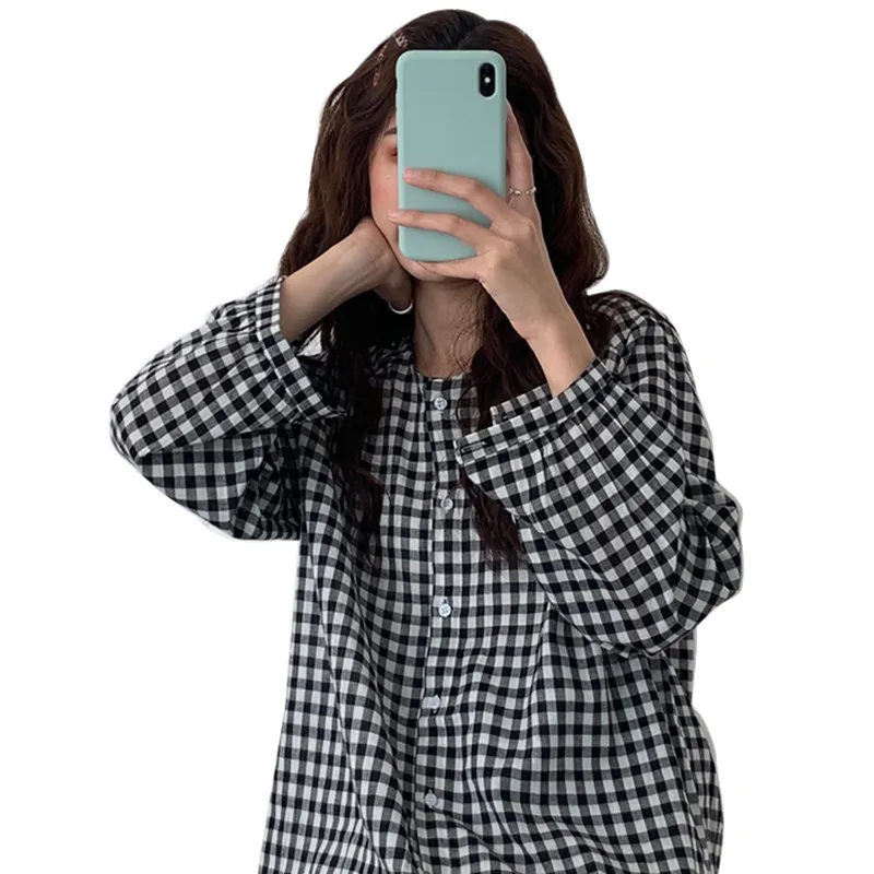 Women Vintage Long Sleeve Shirt Oversized Plaid Shirt Autumn Spring Shirt Fit Blouse