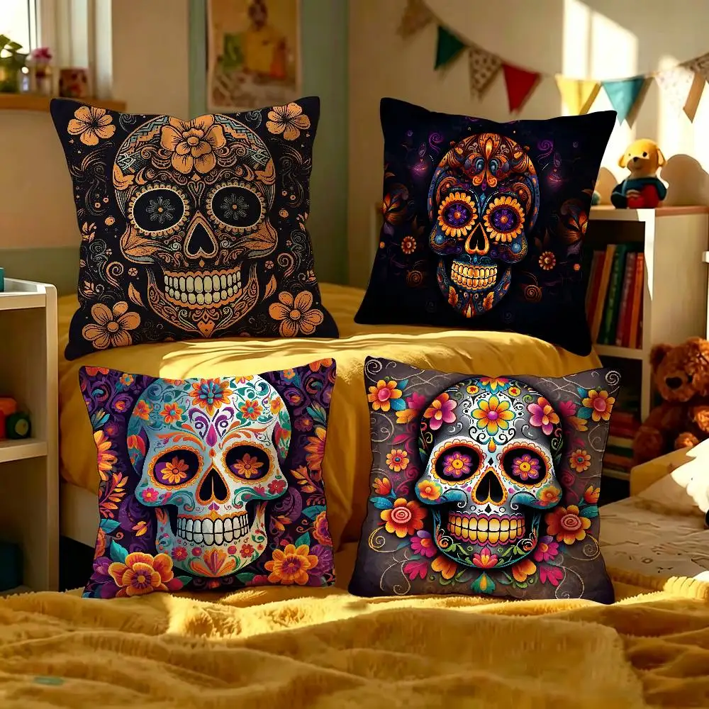 Spooky Halloween Colorful Sugar Skull Printed Cushion Cover Pillowcase Upholstery Sofa Throw Pillow Home Decor Pillowcas