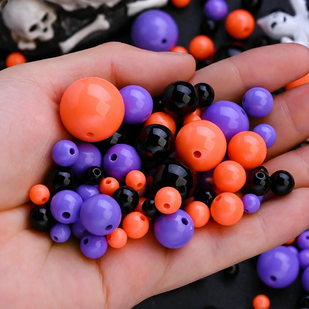 Big Size Halloween Acrylic Beads Mix Purple Orange Black Color 6/8/10/12mm Round Loose Spacer Beads for Jewelry Making DIY Handcrafts Accessories Ideal Handmade Bracelet Keychain Phone Chain Gifts Supplies Festival Party House Decor Beads