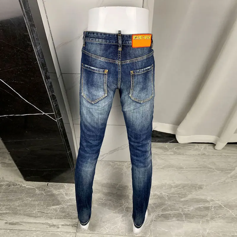 High Street Fashion Men's Jeans Retro Blue Elastic Slimming Ripple Jeans Stickers Designer Hip Hop Brand Painted Pants Hombre