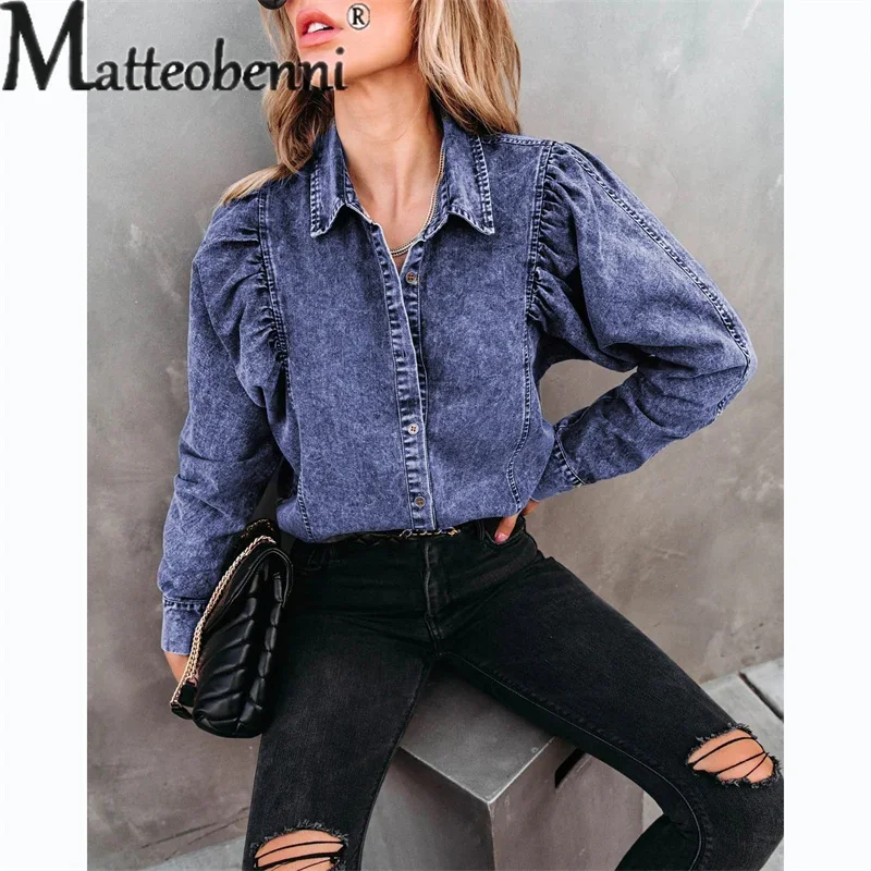 Fashion Lapel Cardigan Denim Shirt Female Spring Autumn Versatile Basic Streetwear Casual Blouse 2024 Vintage Loose Women\'s Tops