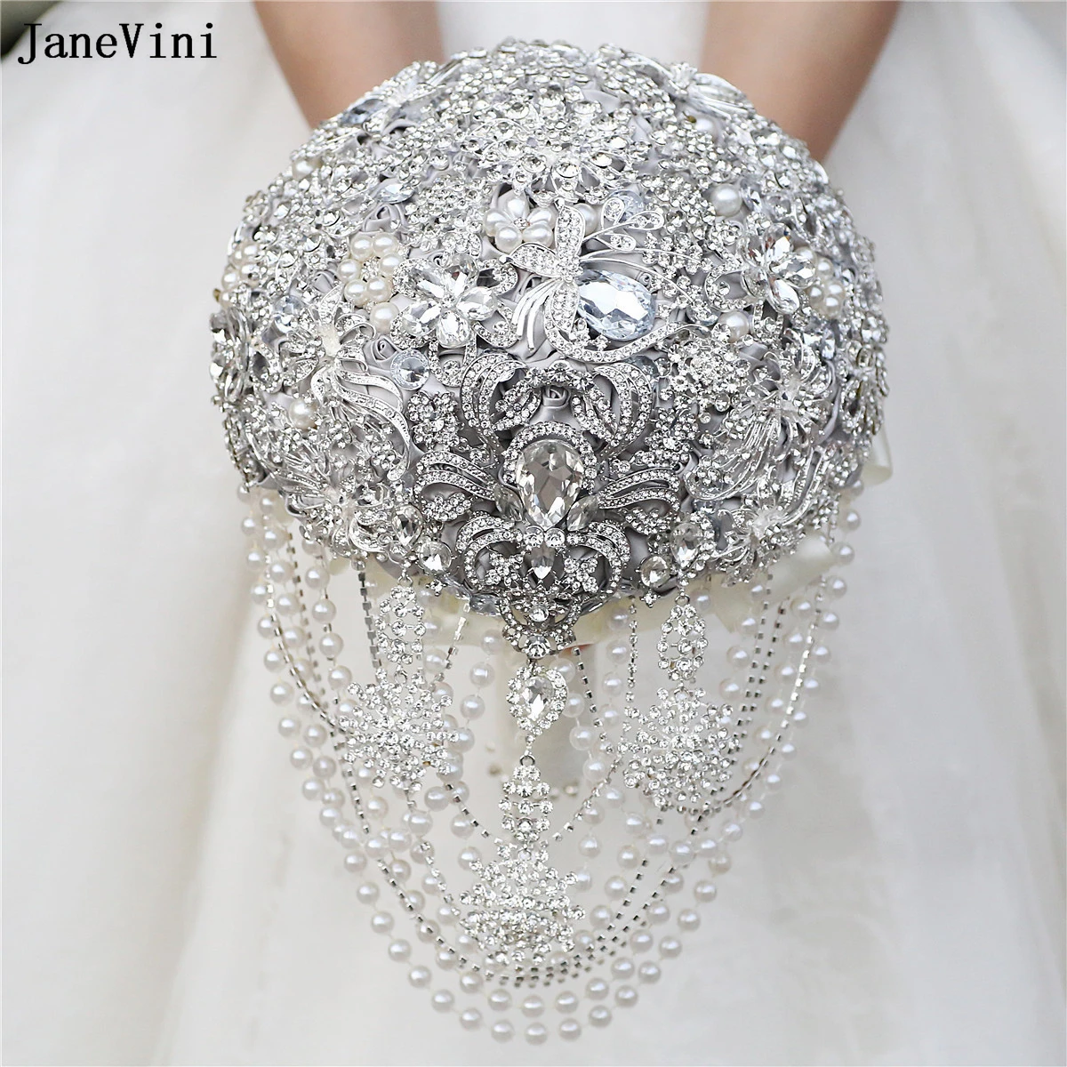 JaneVini Bling Full Diamond Bridal Brooch Bouquets Artificial Satin Roses Silver Rheinstone Pearls Bride Wedding Bouquet Flowers