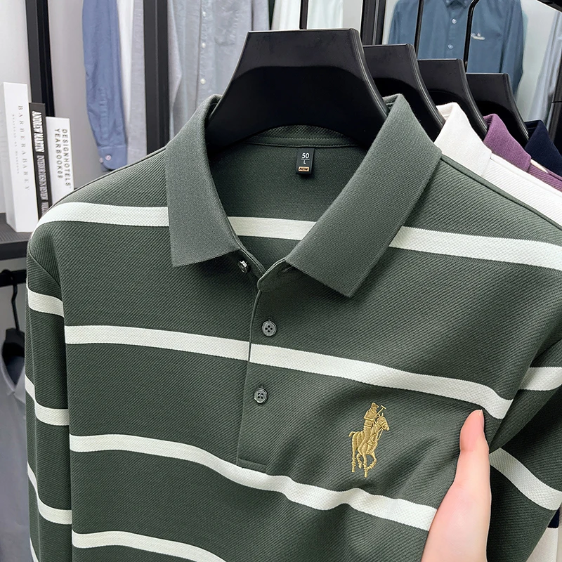 قماش مخطط شعار الحصان الشعبي المطرز للرجال بأكمام طويلة تي شيرت الخريف تنوعا الأعمال قاعدة طية صدر السترة قميص بولو #5