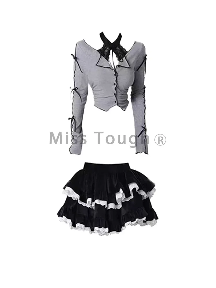 Japanische kawaii süße 2 Stück Sets Frauen y2k Slash Neck Tops Kuchen Minirock weibliche koreanische Mode Lolita Vintage elegante Sets