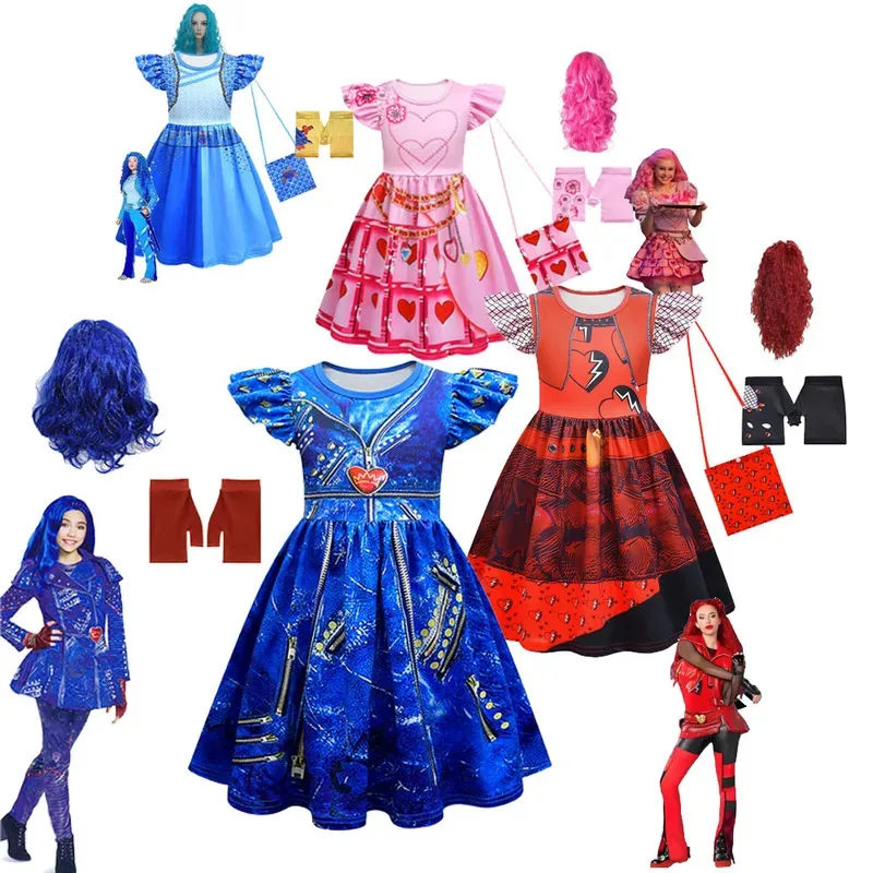 111 www Cartoon Descendantsed Baby Girls Dresses Kids Mal Evie Clothes Cosplay Costume Children Fly Sleeve Casual Dress Summer O