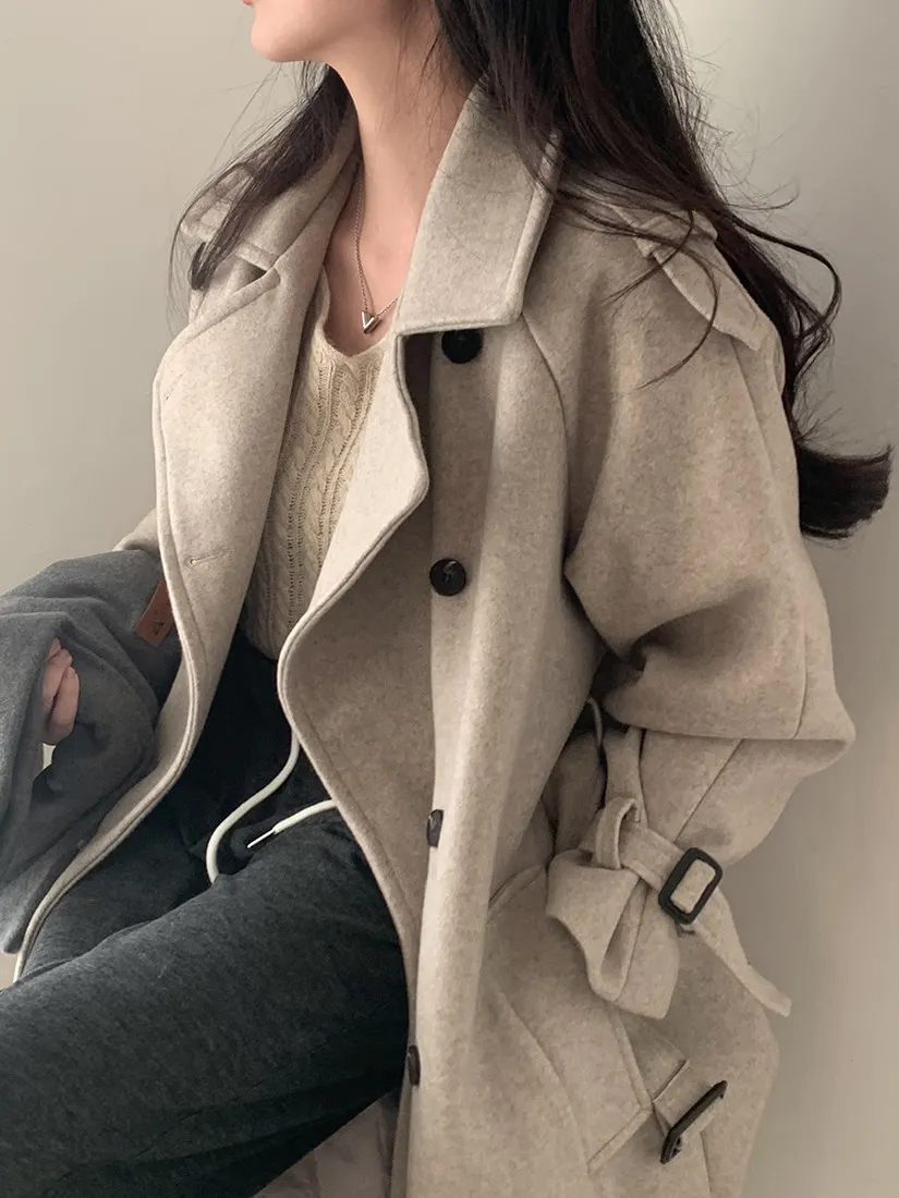 Abrigo de lana de invierno con doble botonadura y cuello de traje Retro elegante, abrigo largo de longitud media para mujer, abrigo largo de Color puro