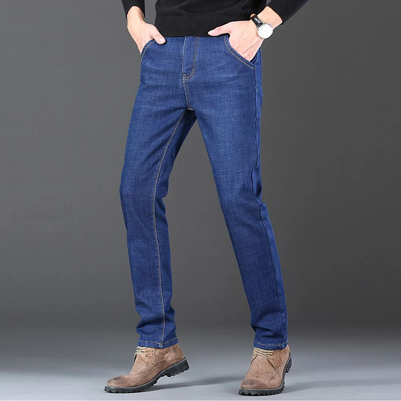 Men Autumn Winter Fleece Lined Thickened Jeans Male Fashion Loose Straight Denim Pants Warm Smart Casual Trousers