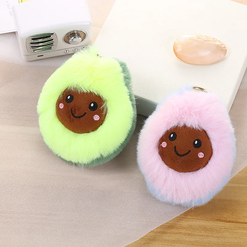 Fluffy Rabbit Fur Pompom Smile Avocado Keychain Women Cute Cartoon Fruit Key Chain On Bag Trinket Jewelry Wedding Party Toy Gift