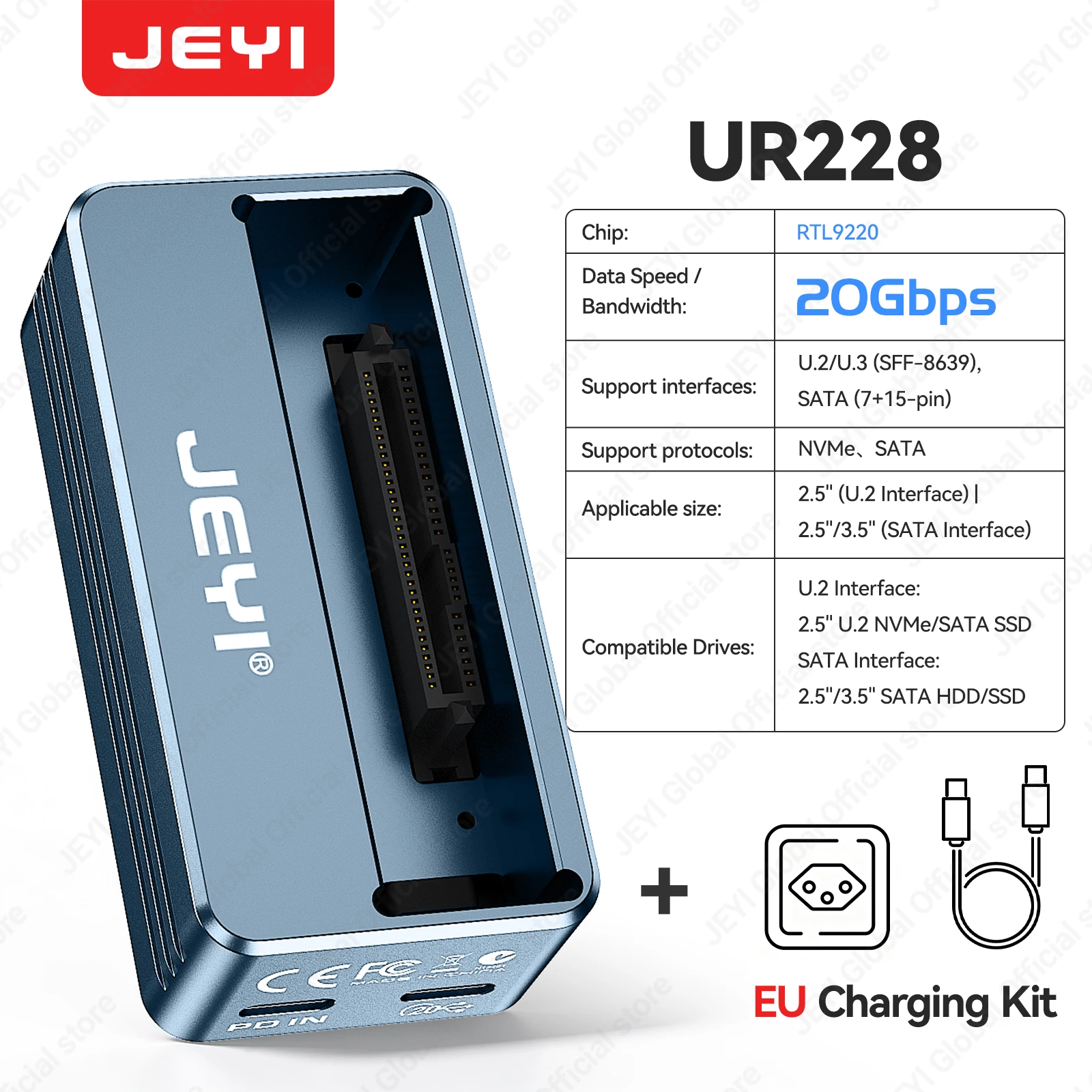 JEYI U.2/U.3 Dock voor NVMe/SATA, met dubbele protocolondersteuning voor 2,5"/3,5" HDD/SSD, SFF-8639, externe lezer met lees-/schrijfbeveiliging.