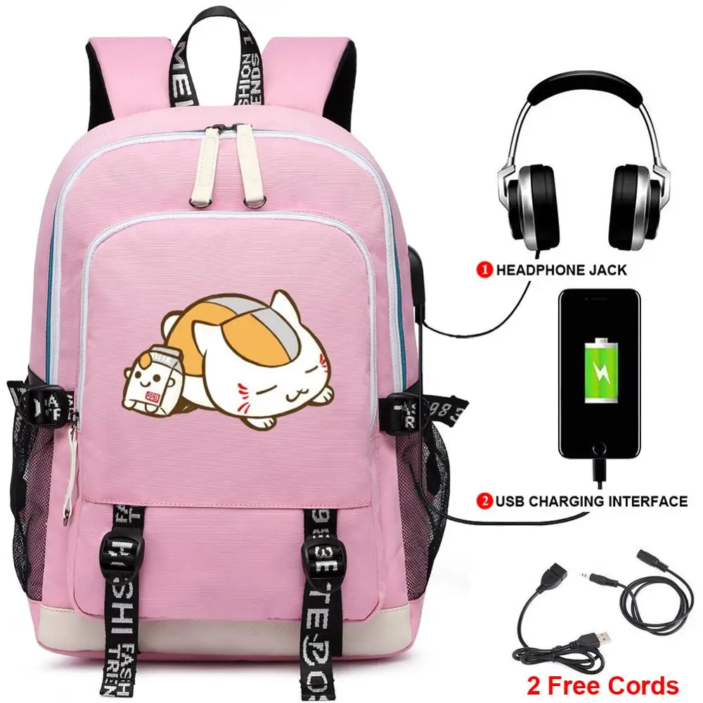 Anime Natsume Yuujinchou Cat Teacher Backpack w/ USB Port Headphone Rucksack Bag Teenager Student School Laptop Bag Gift