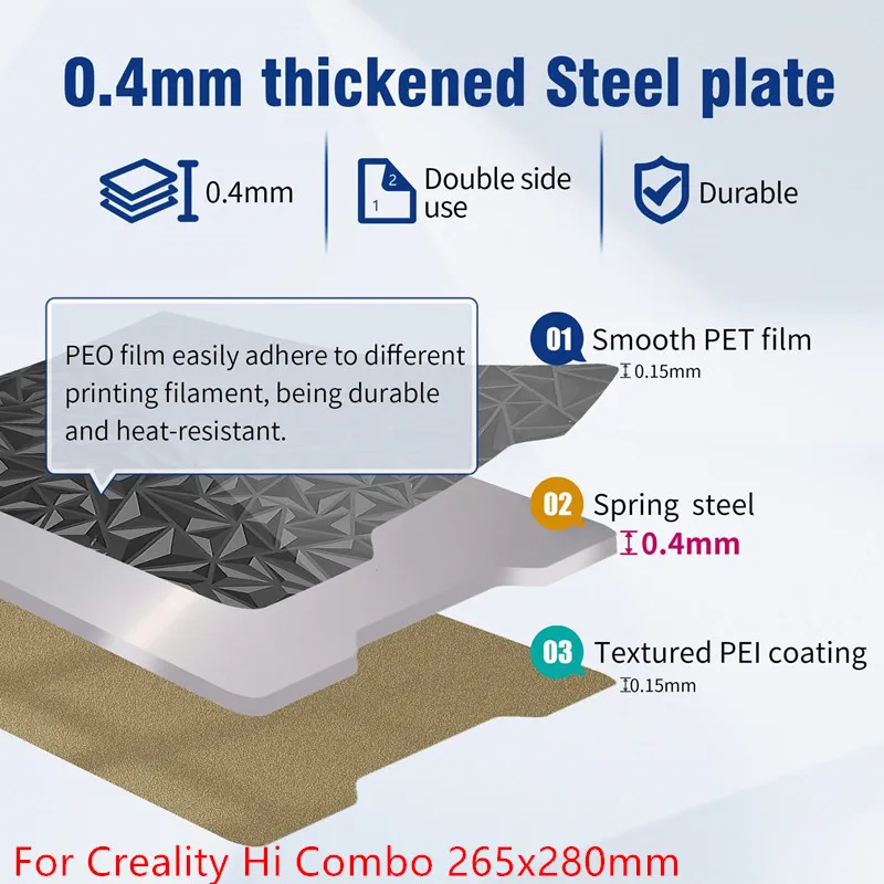 

265x280mm PEO+PEI Build Plate for Hi Combo Double Sided Smooth/Textured PEO PEI Heated Bed Spring Steel Flexible Print Bed