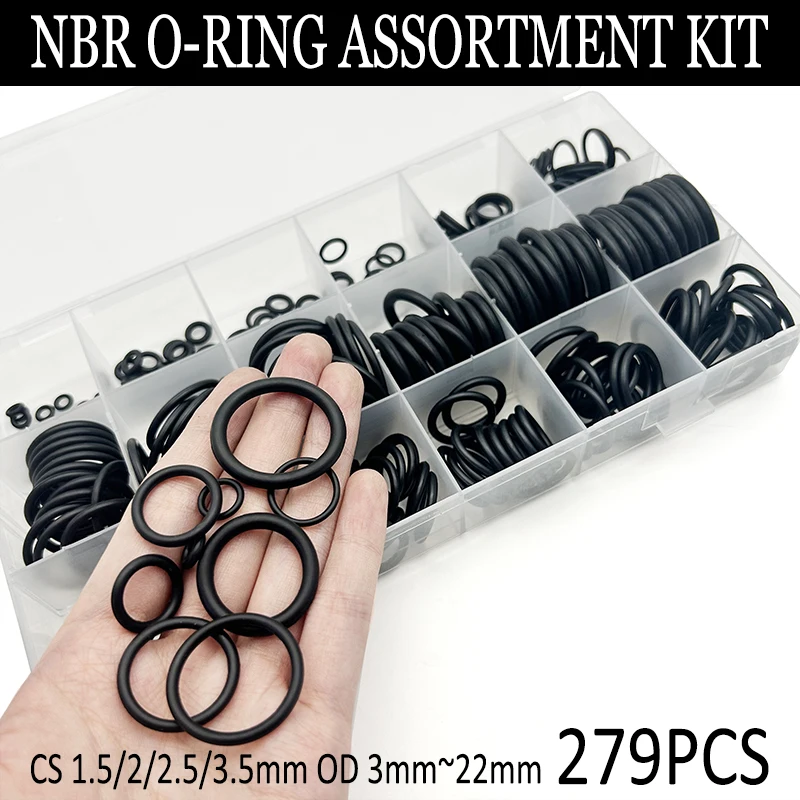 

NBR O-Ring Assortment Kit 279Pcs CS 1.5/2/2.5/3.5mm OD 3mm~22mm Rubber Seal Ring High-Quality O-Ring for Machinery & Plumbing