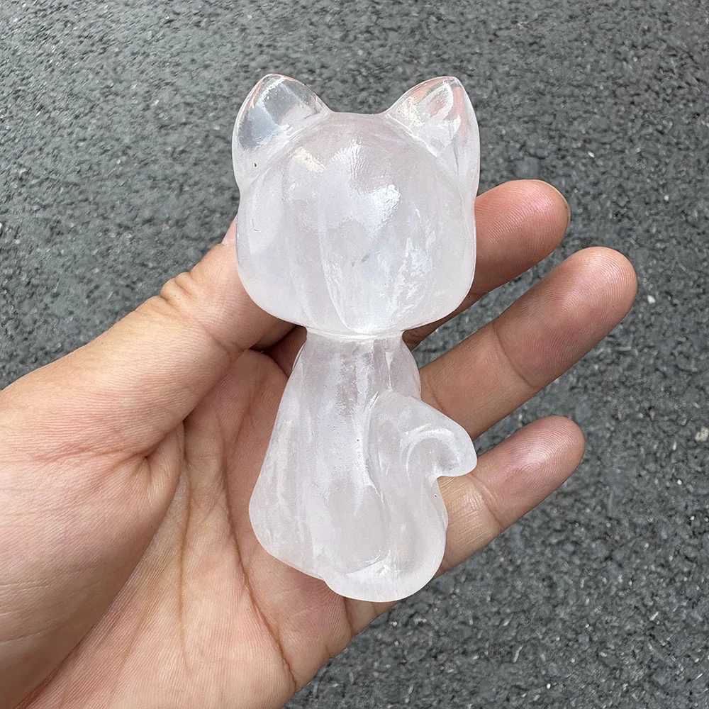 8cm Natural Clear Quartz Crystal Cute Cat Figurine Hand Carved Gemstone Animal Home Decor with Yellow Crescent Moon