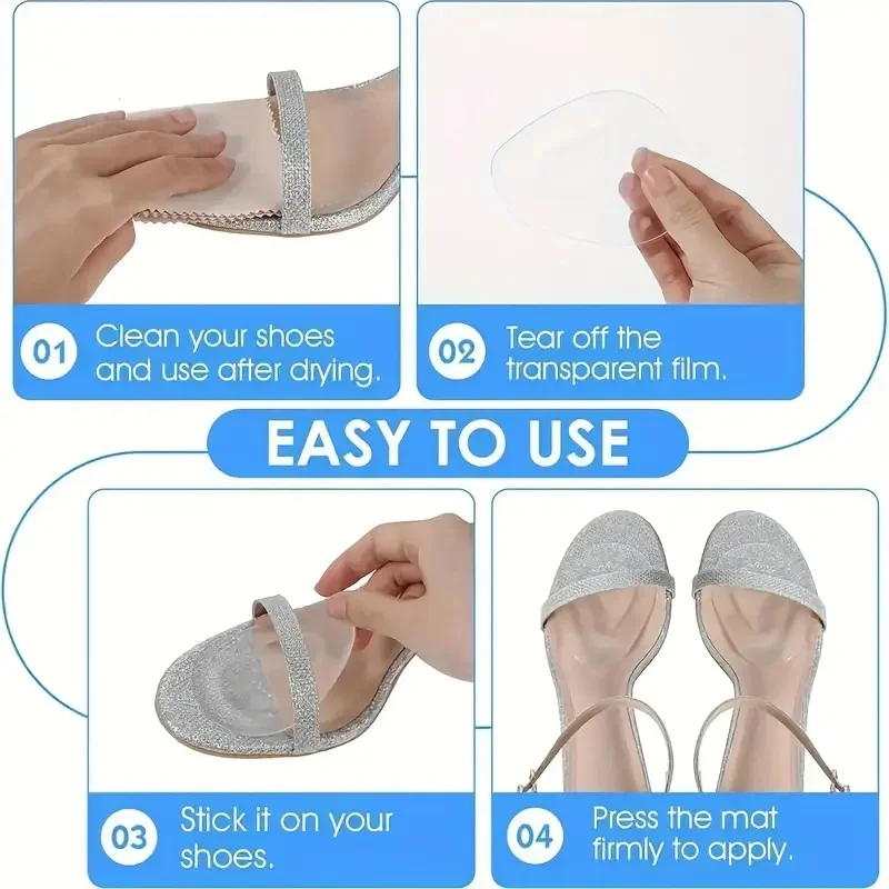 앞발 쿠션 젤 패드 4개 - 하이힐을 위한 재사용 가능한 앞발 패드로 발 압력을 완화하고 미끄럼 방지 충격 패드