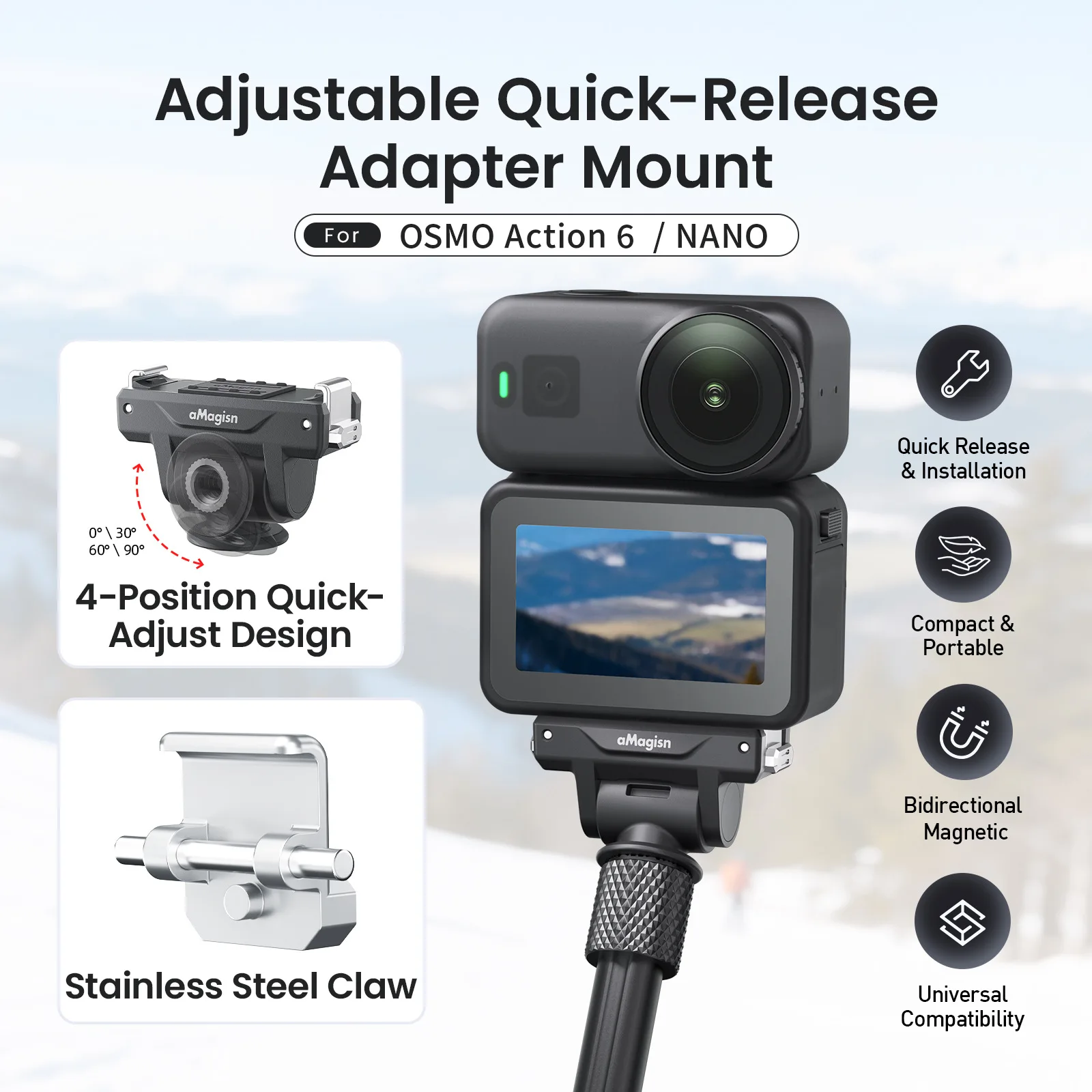 

Adjustable Quick Release Adapter for OSMO Action 6 4 Gears Angle Magnetic Dual Direction Stainless Steel Buckle Camera Accessory