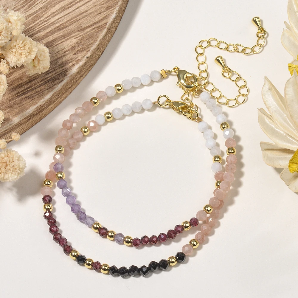 3mm Four Kinds of Natural Stone Rose Quartz Labradorite Amethyst and Black Spinel Faceted Beads Bohemian Bracelet for Women Gift