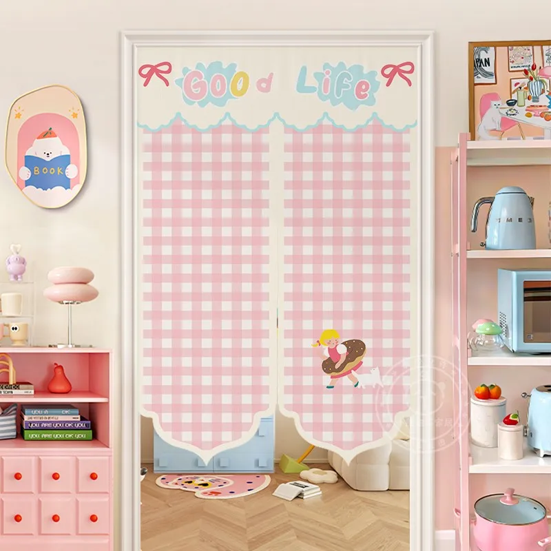 VIKAMA Pink Plaid Noren Door Curtain Donut Girl Print Hanging Curtain Kitchen Doorway Partition Sweet Style Home Decor