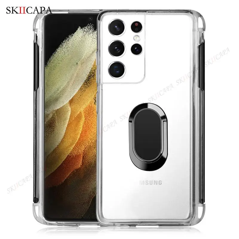 For Samsung S21 Ultra Stylus Socket SPen Slot Transparent Case For Galaxy G9980 G998D G998U Magnetic Ring Stand Soft Clear Cover