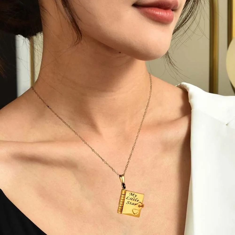 

Titanium Steel Book Necklace for Daughter Stainless Steel Handmade Opening Book Pendant Heart Flippable Girls Text Locket