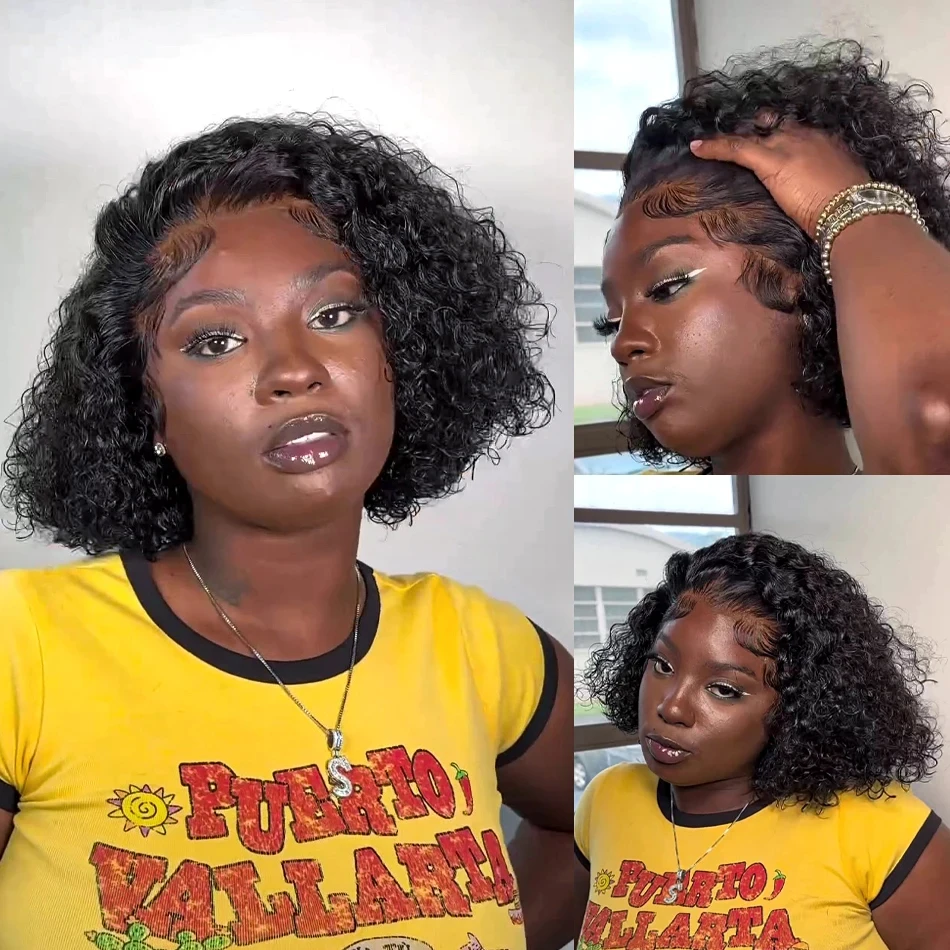 200% curto encaracolado bob onda de água profunda perucas brasileiras 100% cabelo humano 13x4 peruca frontal de renda transparente 4x4 peruca dianteira do laço 14 Polegada