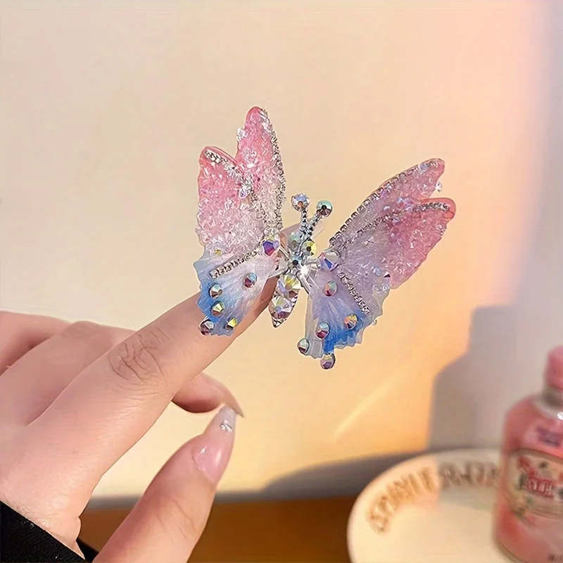 1pc Sweet Style Gradient Rhinestone Butterfly Hair Clip, Plastic Hair Accessory with Bright Color Printing, Font Shape