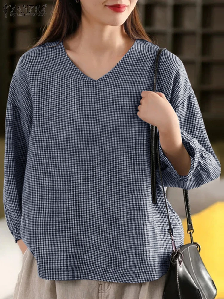 

2025 ZANZEA Autumn Gingham Blouses Women Elegant V Neck Long Sleeve Tops Fashion Work Shirts Blusas Retro Woman Blouse Oversize