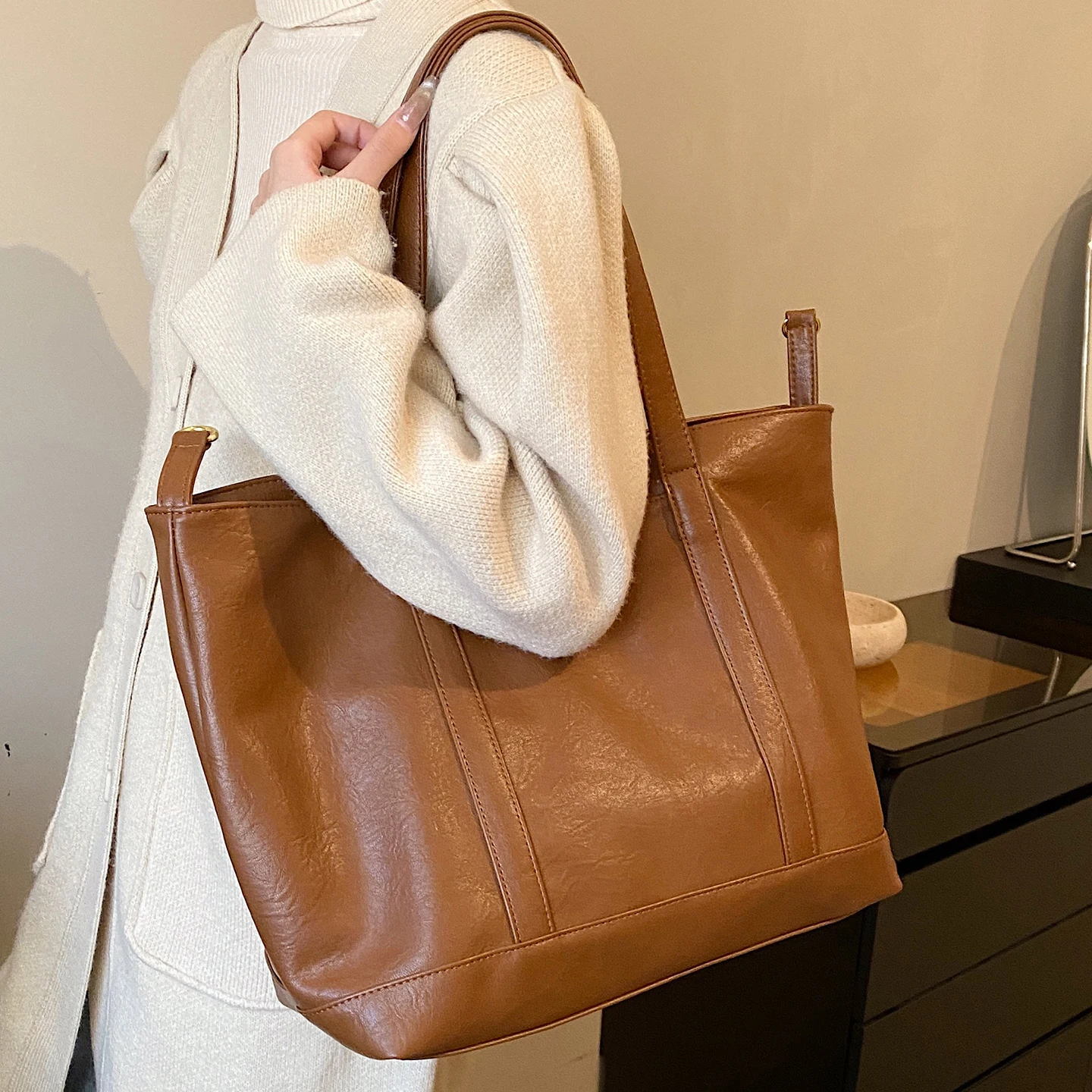 حقائب يد نسائية كاجوال ذات سعة كبيرة للسفر، حقيبة كتف مدرسية متعددة الاستخدامات بلون سادة #2