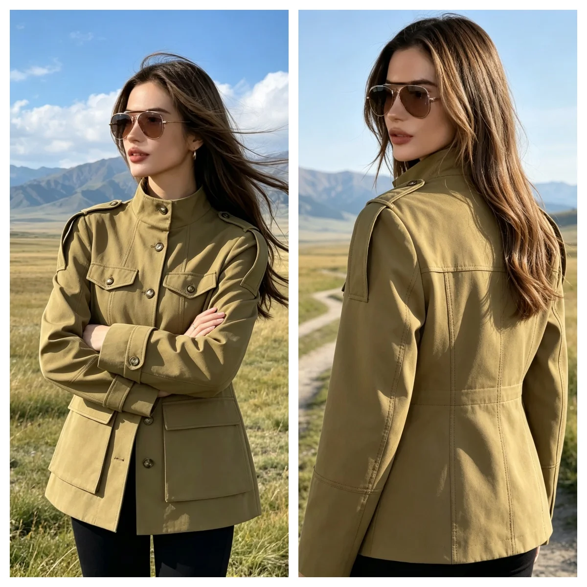 Women's Jacket Slim Fit Stand Collar Tailored Epaulets Flap Pockets Single Breasted Button Down Blazer Coat 2026 Spring Outwear