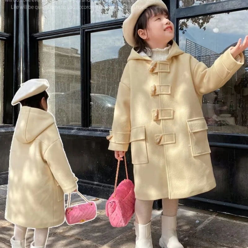 

Girls Woolen Coat Overcoat Jacket Windbreak 2023 Yellow Warm Plus Thicken Winter Cotton Tracksuit Sport Children's Clothing