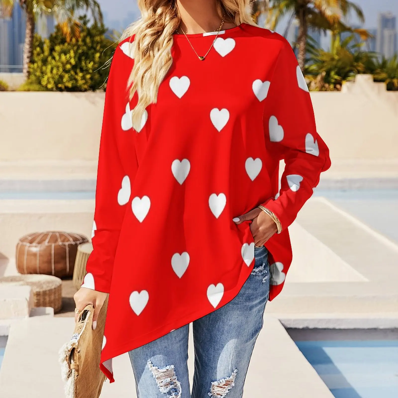 White Hearts for Valentines Day T-Shirt  Retro Long Sleeve T-Shirts Loose Big Size Tee Shirt Female Graphic Clothes Gift Idea