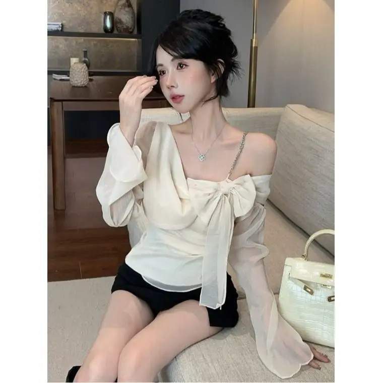 French Casual Design Slim Fit Bow Women's Fashion Chain Off Shoulder Chiffon Small Fragrance Style Shirt