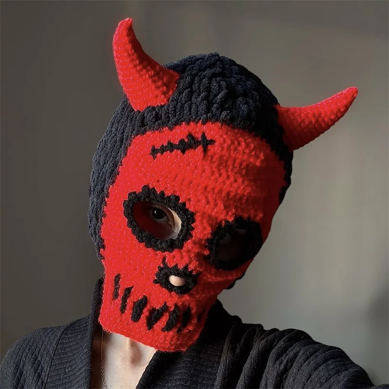 Handmade crocheted Creative Red mask For women men cowhorn cosplay costume hat Halloween party hat Winter warm windproof hat