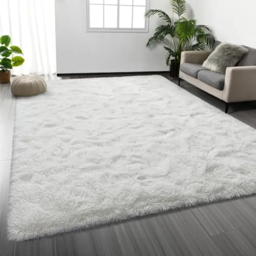 

Large Shag Area Rugs 6 x 9 for living room, bedroom, nursery; plush fuzzy white rug with ultra-soft fluffy furry texture and pr