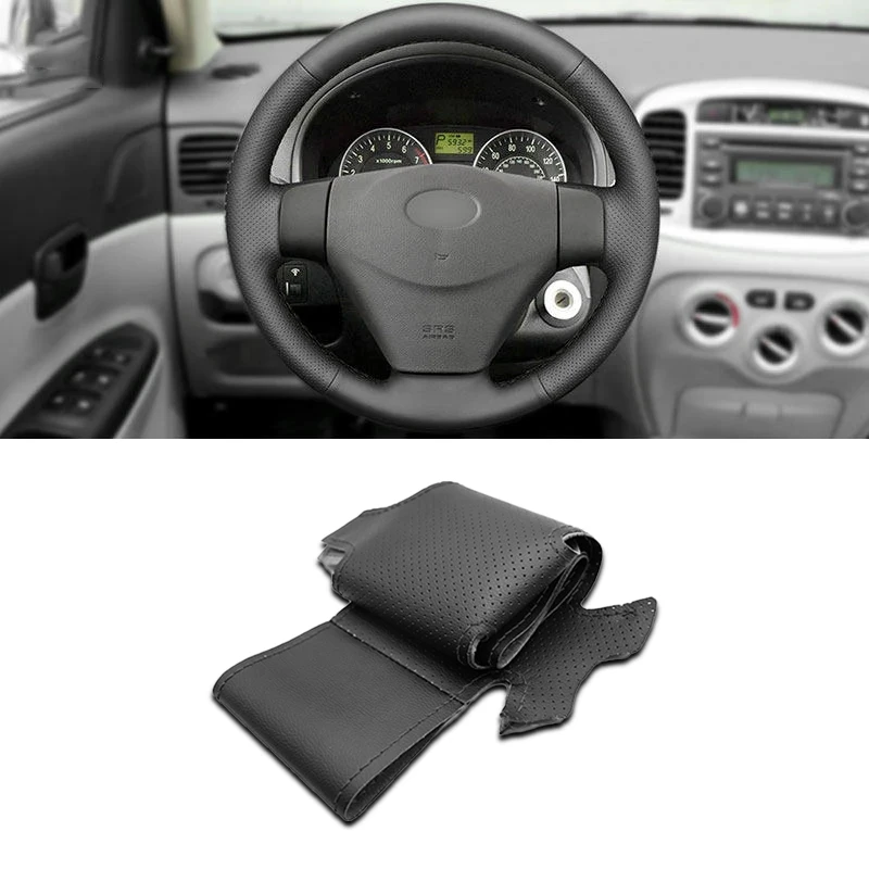 Black Car Steering Wheel Cover Leather Trim For Hyundai Accent 2006 2007 2008 2009 2010 2011 Getz 2005 For Kia Rio 5 2006-2009
