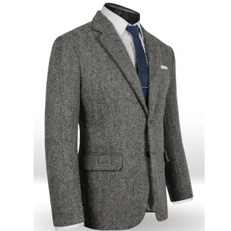 เสื้อสูทผู้ชายลายก้างปลา สำหรับงานพรอม ทักซิโด้ ผ้าวูลทวีด กระดุมแถวเดียว สไตล์ทางการ สำหรับงานแต่งงาน (เฉพาะเสื้อ) ขายดี