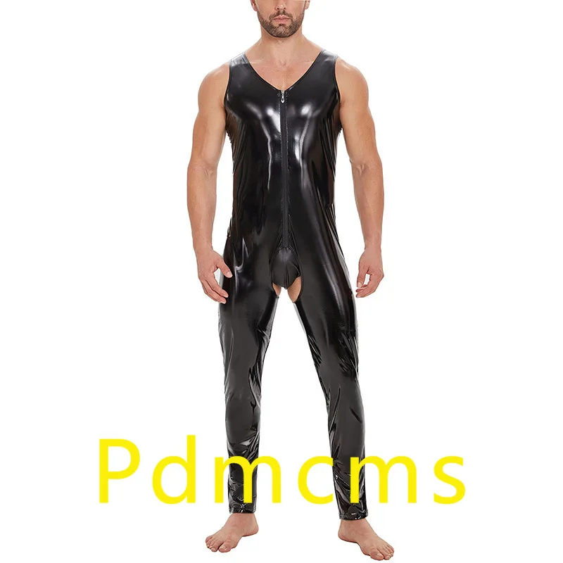

2025 new product, large size men's PVC bright leather onesie, sexy open-file slim-fitting onesie and leather pants, the size is