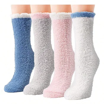 4 Paar warme Fuzzy-Socken für Damen, Winter, dick, thermisch, solide, weiche, flauschige Socken, niedliche Mode-Slipper, Heim-Bodenschlafsocken
