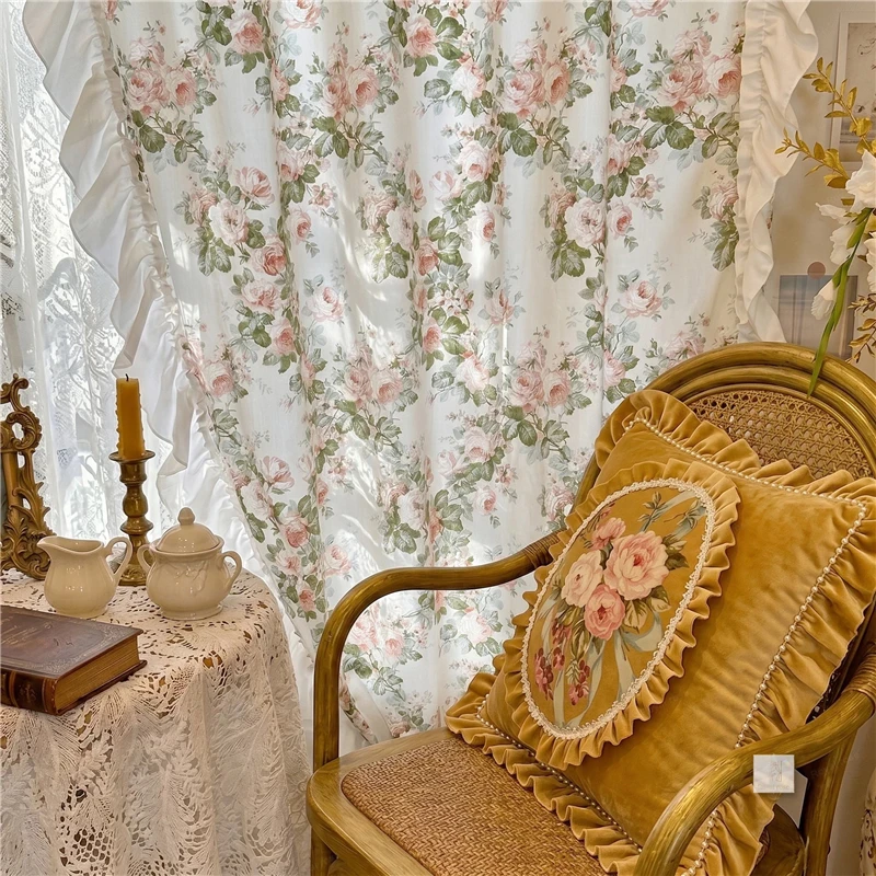 Idyllic French Retro Flowers Curtains Cloth for Living Room Floral Warp Ruffled Curtains for Kitchen Semi-Blackout Curtains#A708