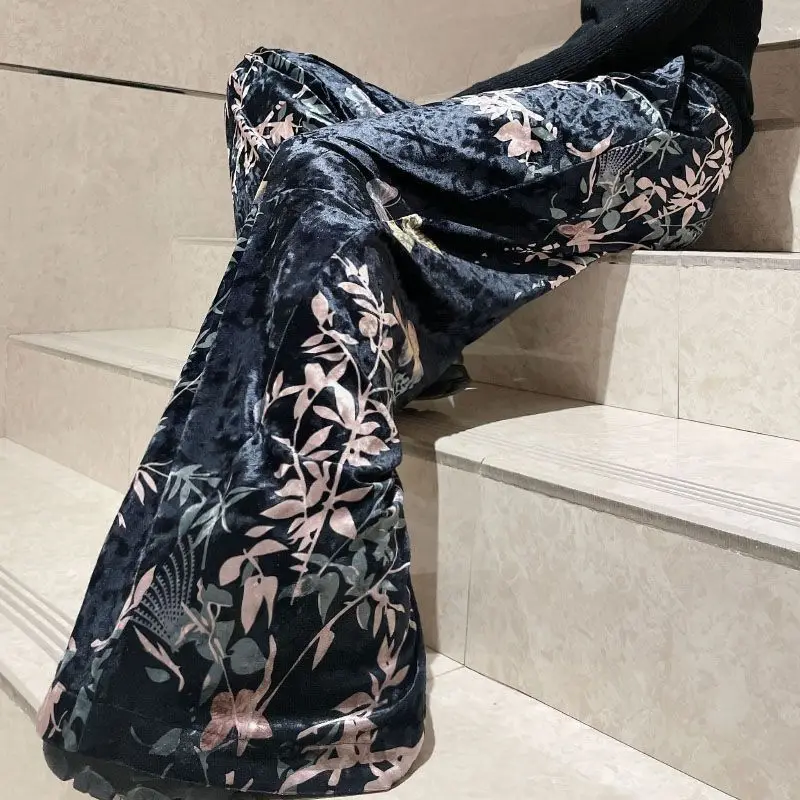 Canary Gloss Printed Wide Leg Pants Women's High Waist 2024 Spring Skin-friendly Trousers New Loose Sag Slimming Straight Pants