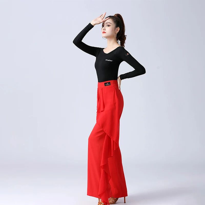 Women Latin Dance Pants Fringed Ballroom Trousers High Waisted Ruffled Wide Leg Modern Dancing Practice Performance Pants