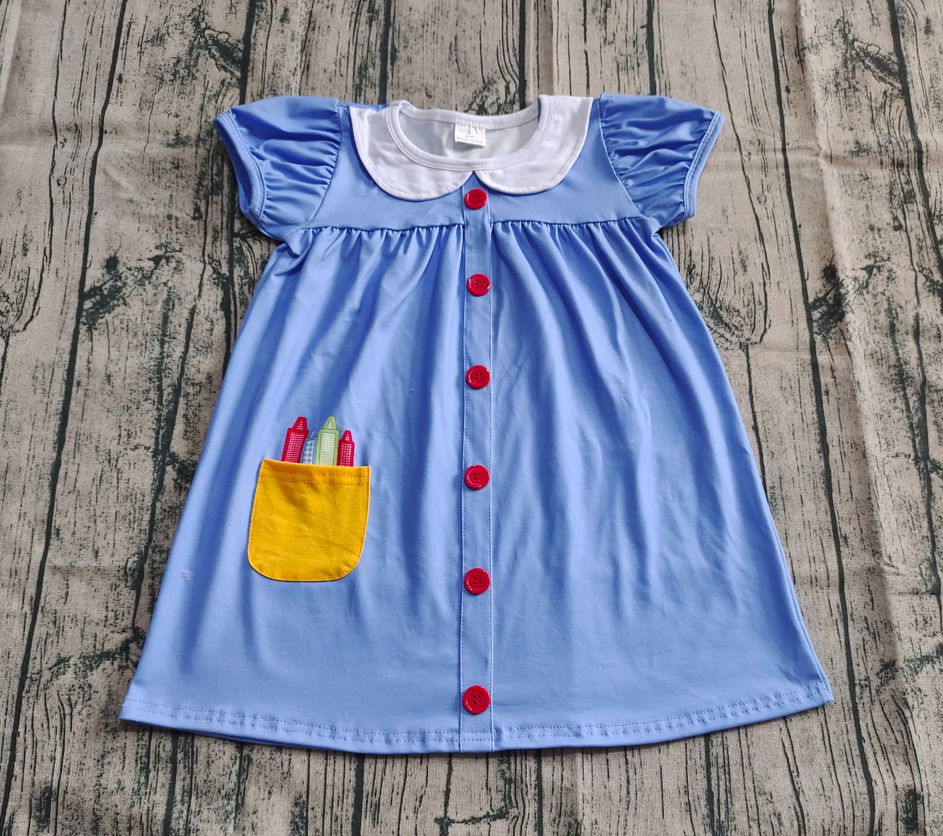 

6.26 Wholesale Hot Sale new rts western boutique children clothing Embroidery Baby Girls Apple Back To School Buttons Dresses