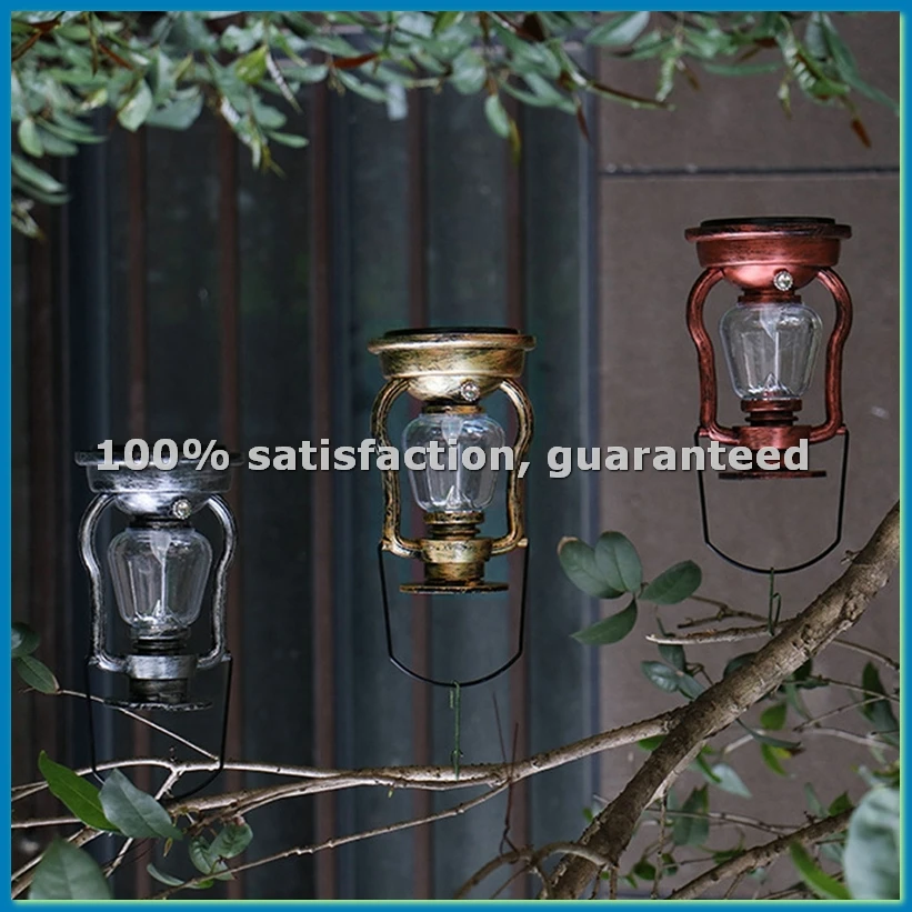 Retro Solar Hanging Candle Light LEDs Oil Lamp Flickering Flameless Solar Lantern Outdoor Garden Yard Lighting-Gold-A10G