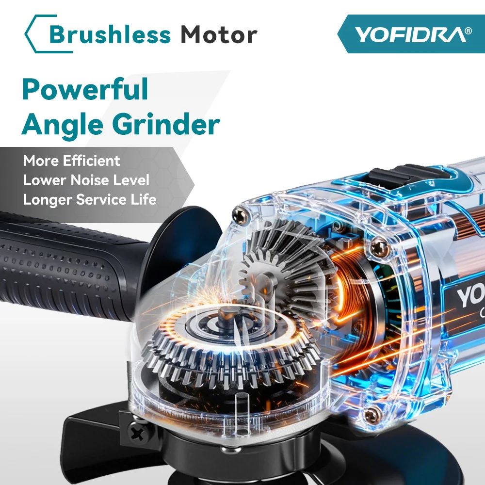 YOFIDRA 125mm Brushless Electric Angle Grinder 4 Gears Metal Wood Grinding Polishing Cutting Tool For Makita 18V-21V Battery Pin