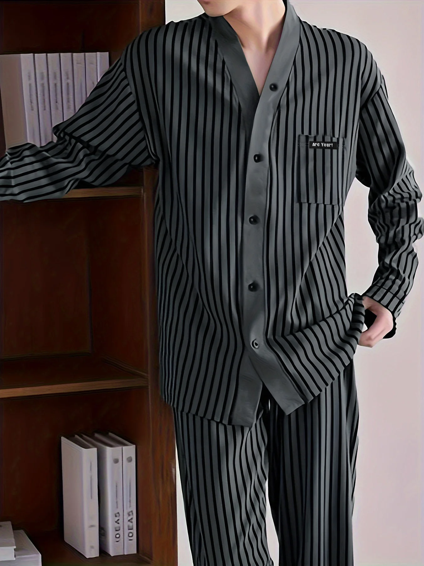 

Men's 2 Piece Vertical Striped Pajama Set, Grey Black V-Neck Button down Top & Long Pants Loungewear
