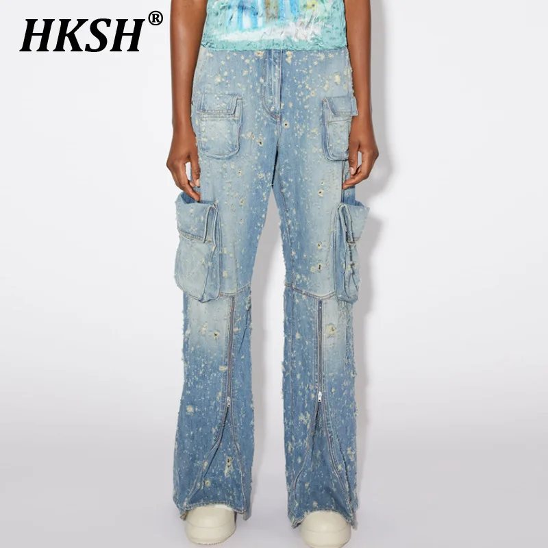 

HKSH Spring Summer New Women Chic Vintage Distressed Zipper Decoration Multi Pocket Straight Jeans Casual Wide Leg Pants HK5647