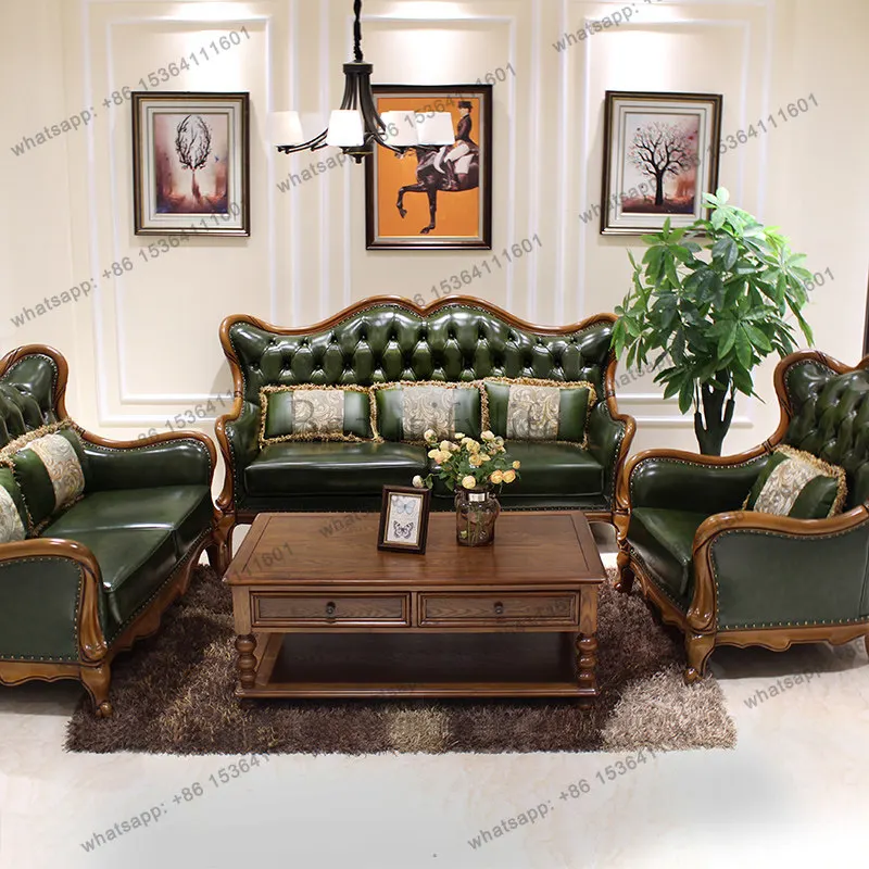 American all-solid wood leather sofa, European furniture leather sofa