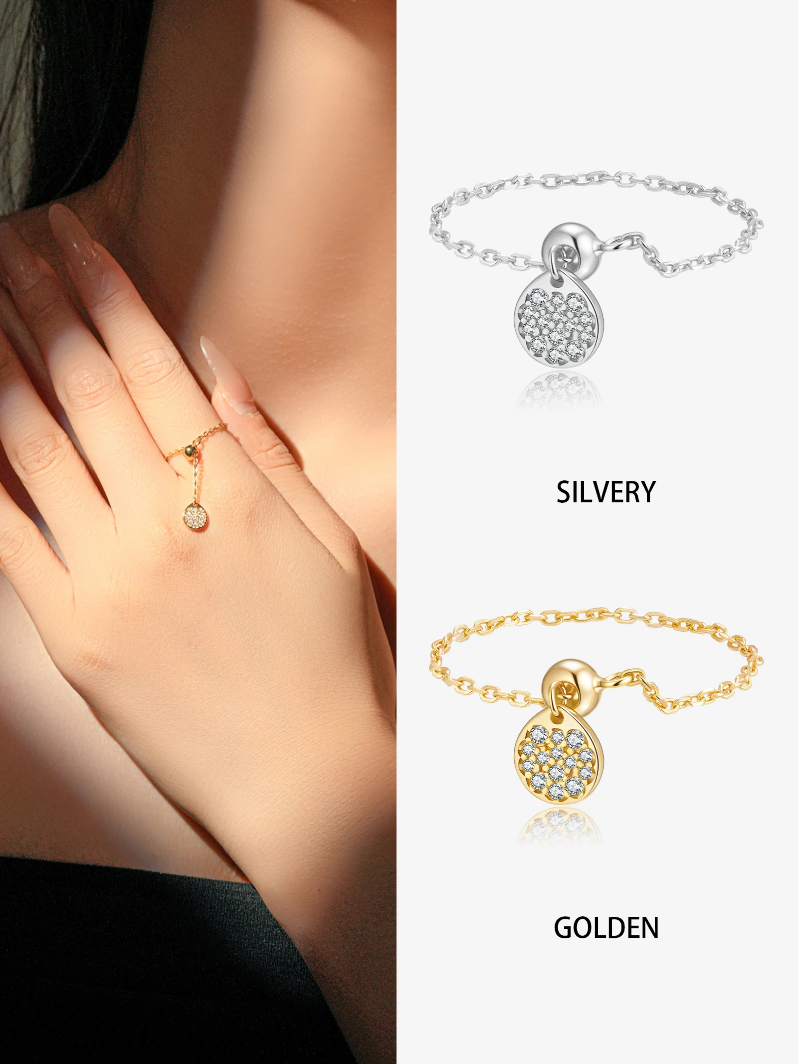 ANDYWEN 925 Silver Chain Ring with CZ Teardrop Pendant, Elegant Jewelry for Women, Gift Box Included, Sweet Everyday Wear