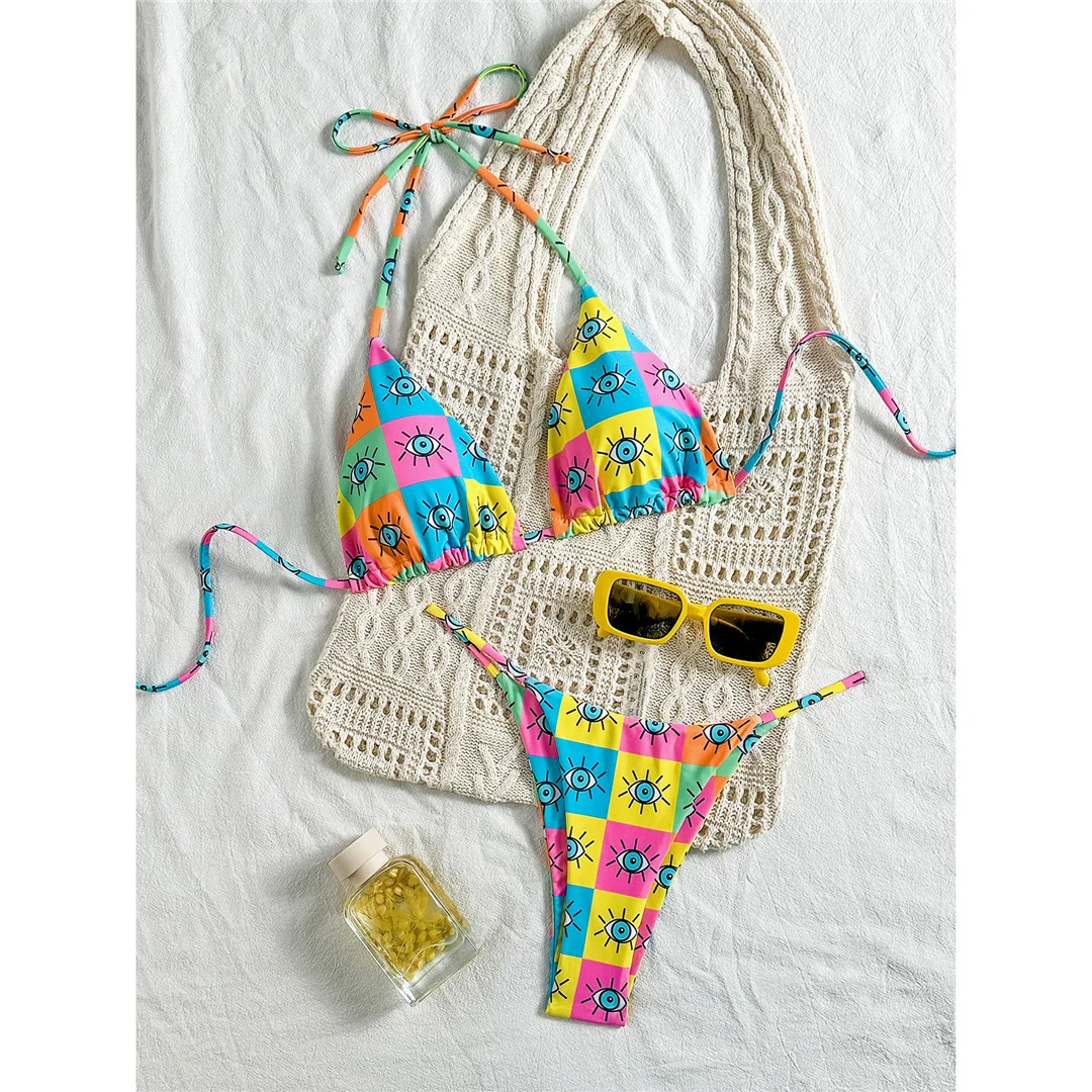 Buntes, bedrucktes Halter-Bikini-Set für Damen, zweiteiliger Badeanzug mit hohem Beinausschnitt, Badebekleidung, Badeanzug, Modell V7230. – Detail 6